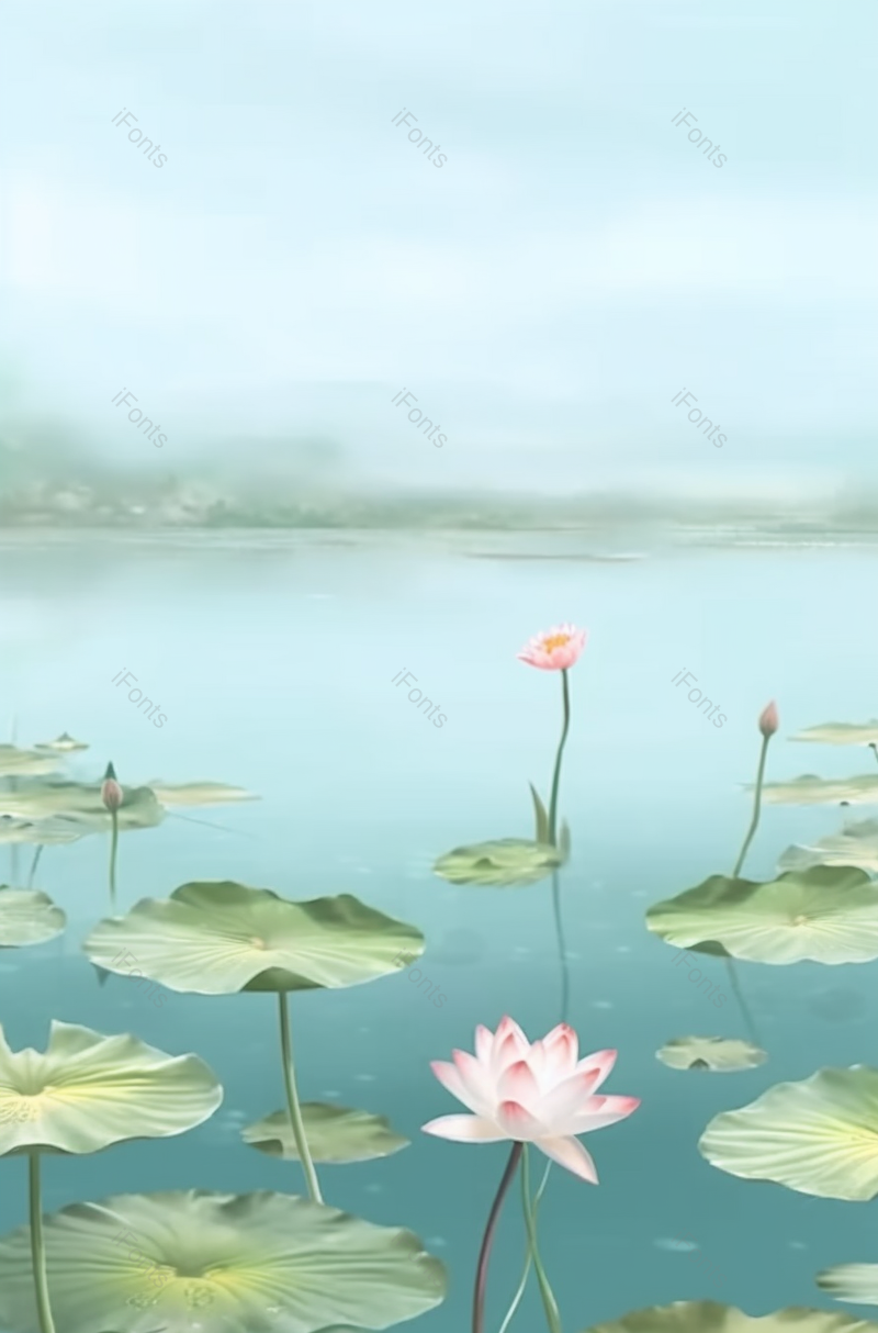 夏日荷叶荷花绽放工笔插画绿色背景,插画/手绘图,插画/手绘图库,插画/手绘图下载,插画/手绘